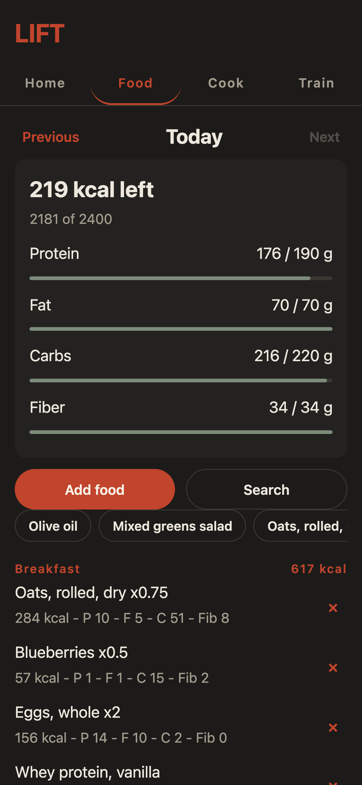 The LIFT food log for a day, grouped by meal, with calories remaining and each macro tracking against goal