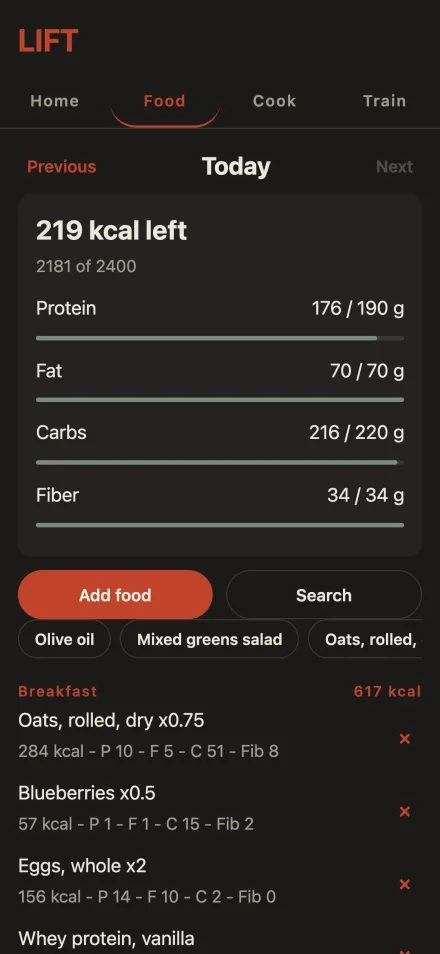 The LIFT food log for a day, grouped by meal, with calories remaining and each macro tracking against goal