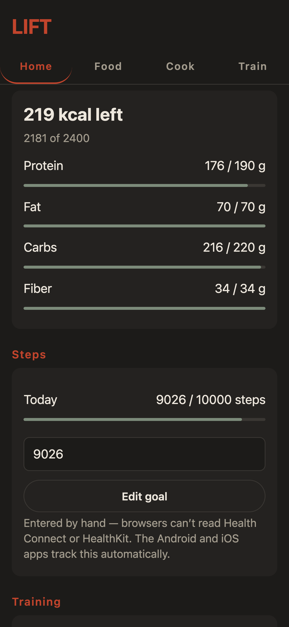 The LIFT home screen, showing calories and macros against the day's goal, step count, and the day's training