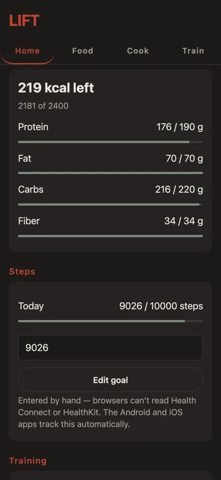 The LIFT home screen, showing calories and macros against the day's goal, step count, and the day's training