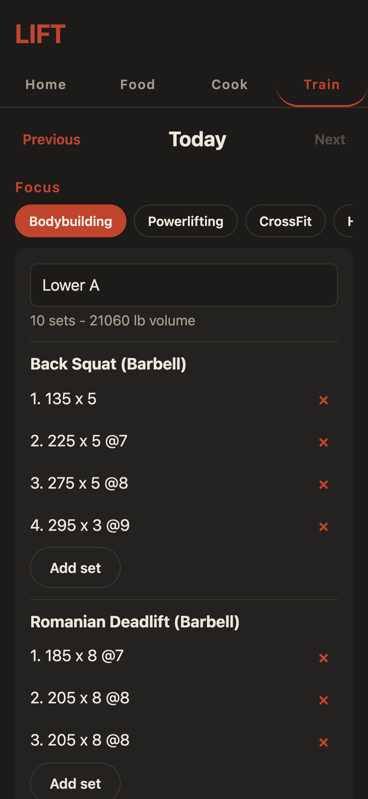 A LIFT training session, showing each exercise with its sets recorded as weight, reps and RPE