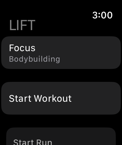 The LIFT watch app's main screen on an Apple Watch, listing Focus, Start Workout and Start Run