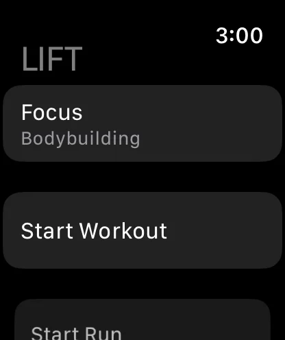 The LIFT watch app's main screen on an Apple Watch, listing Focus, Start Workout and Start Run