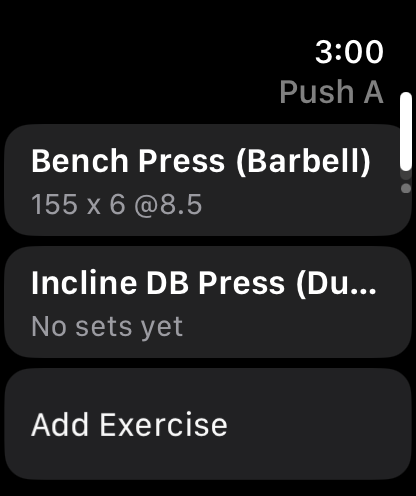 A workout in progress on the watch, showing Bench Press with its last set at 155 by 6 at RPE 8.5