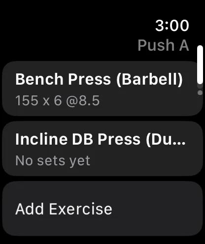 A workout in progress on the watch, showing Bench Press with its last set at 155 by 6 at RPE 8.5