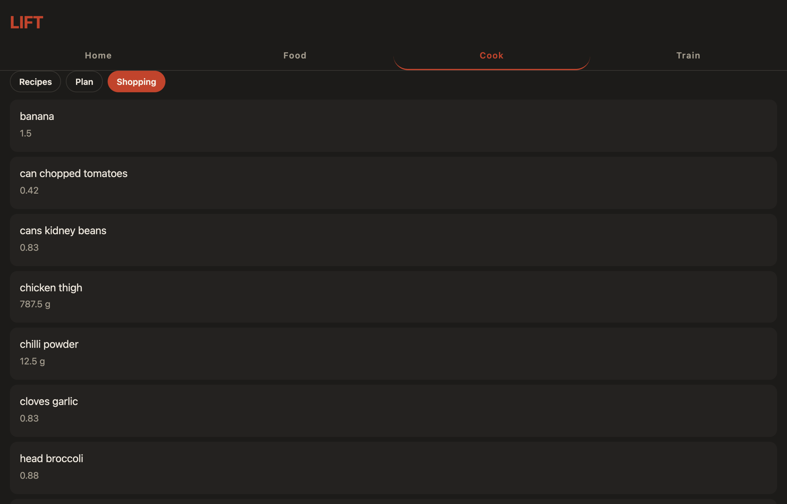 The COOK shopping list in a desktop browser, with each ingredient totalled across the planned week and scaled to the servings planned