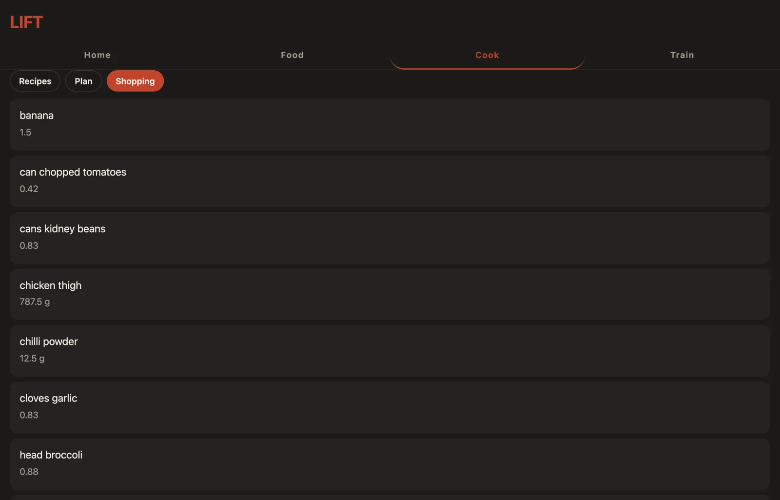 The COOK shopping list in a desktop browser, with each ingredient totalled across the planned week and scaled to the servings planned