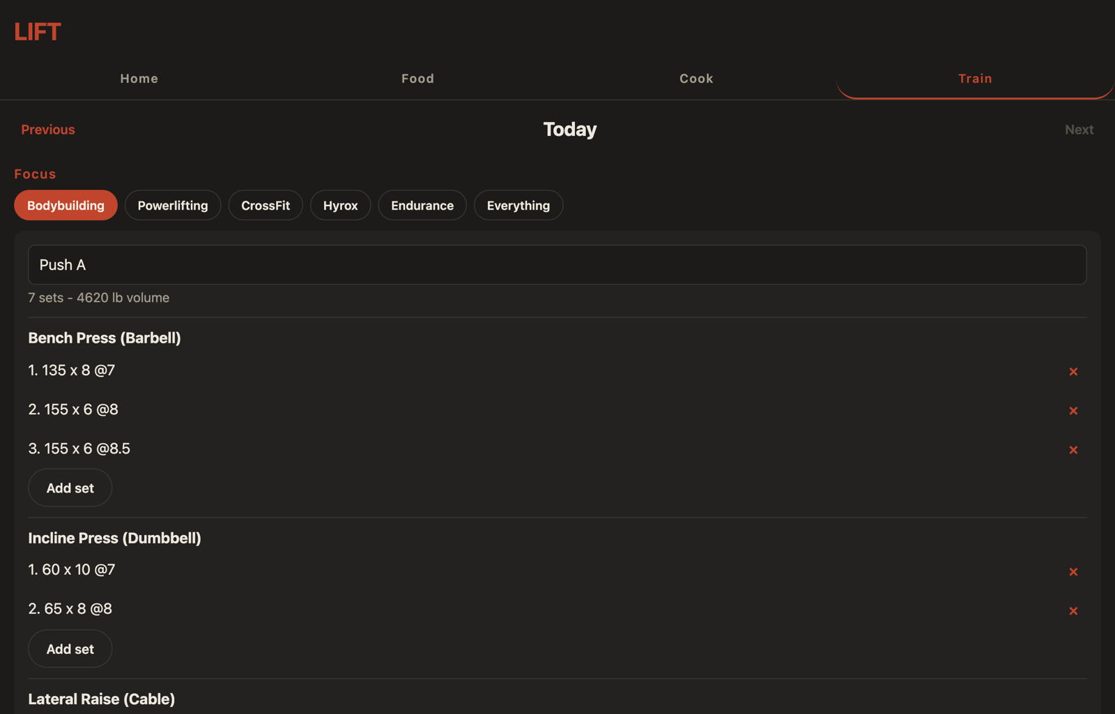 LIFT open in a desktop browser on the Train tab, showing a Push A session with three exercises and their sets