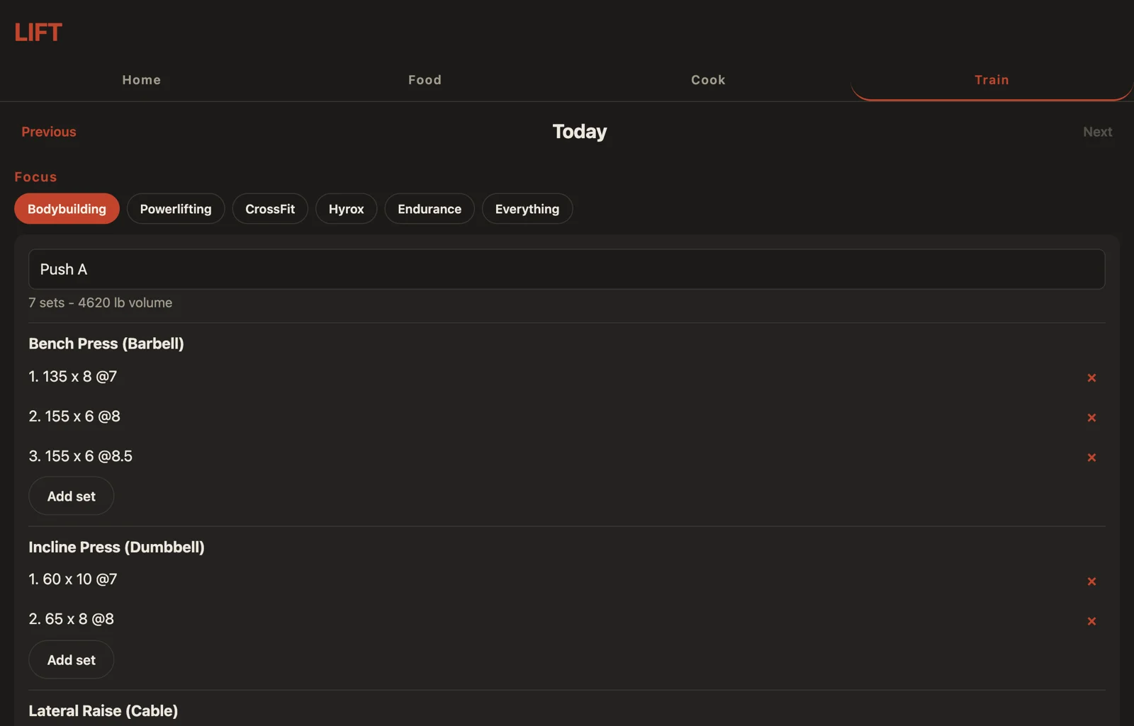 LIFT open in a desktop browser on the Train tab, showing a Push A session with three exercises and their sets